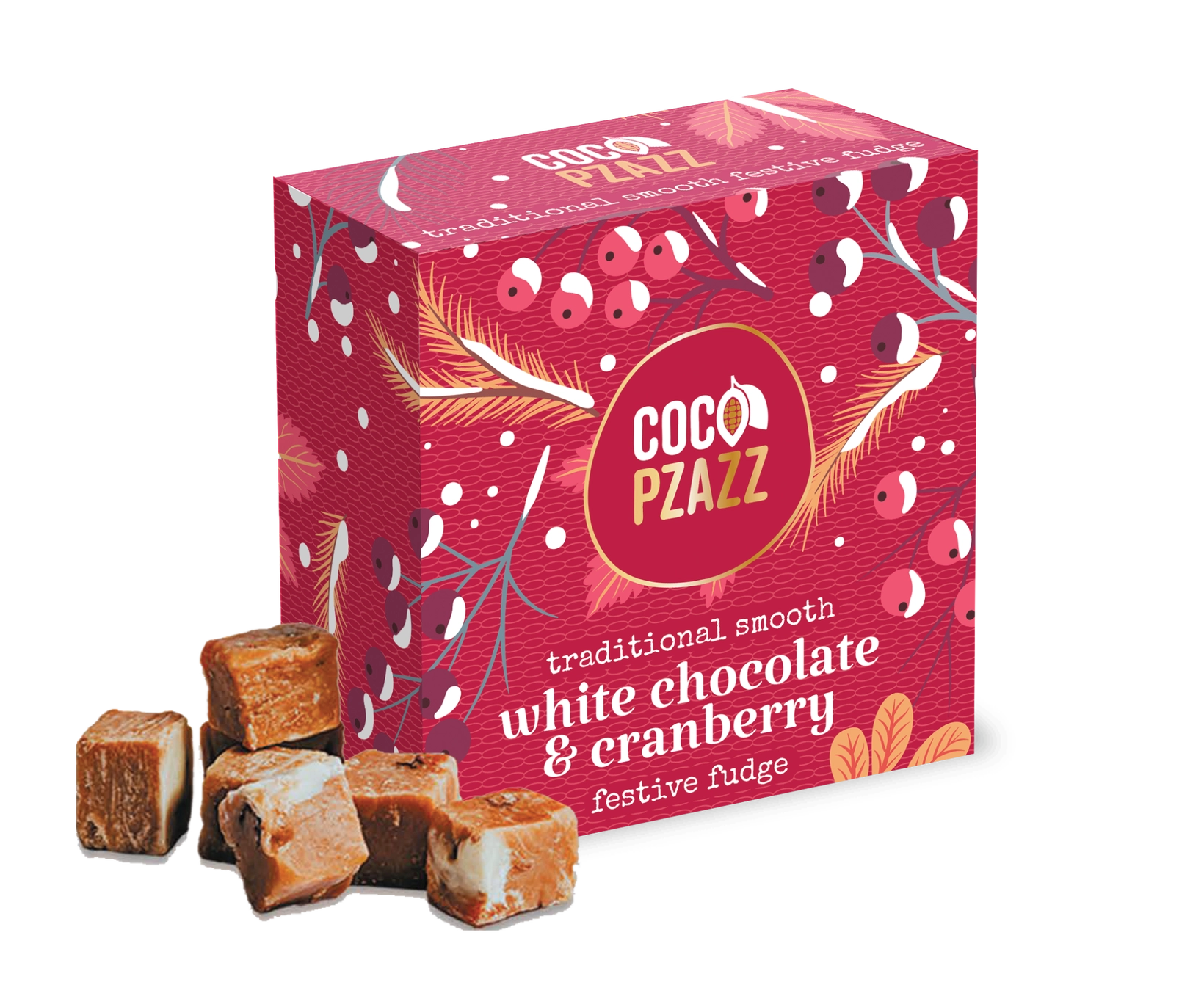 CoCo Pzazz White Chocolate & Cranberry Fudge pieces with smooth white chocolate swirled with tangy cranberry, indulgent festive sweet treat.
