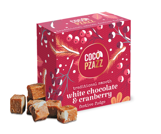 CoCo Pzazz White Chocolate & Cranberry Fudge pieces with smooth white chocolate swirled with tangy cranberry, indulgent festive sweet treat.