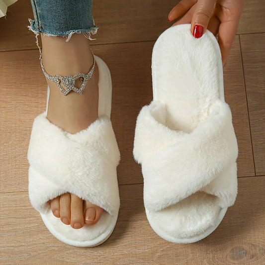 Soft white cross strap women's indoor slippers.