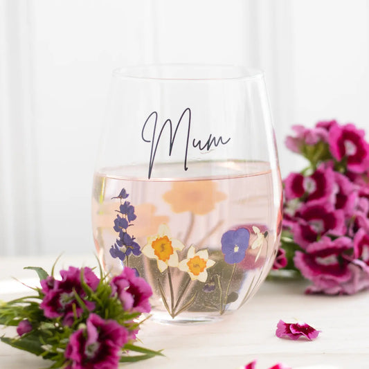 Wildflower Mum Stemless wine glass with colorful floral design.