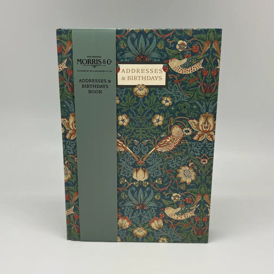 Address and birthday book with classic William Morris print, featuring sections for contacts, birthdays, anniversaries, and important dates.