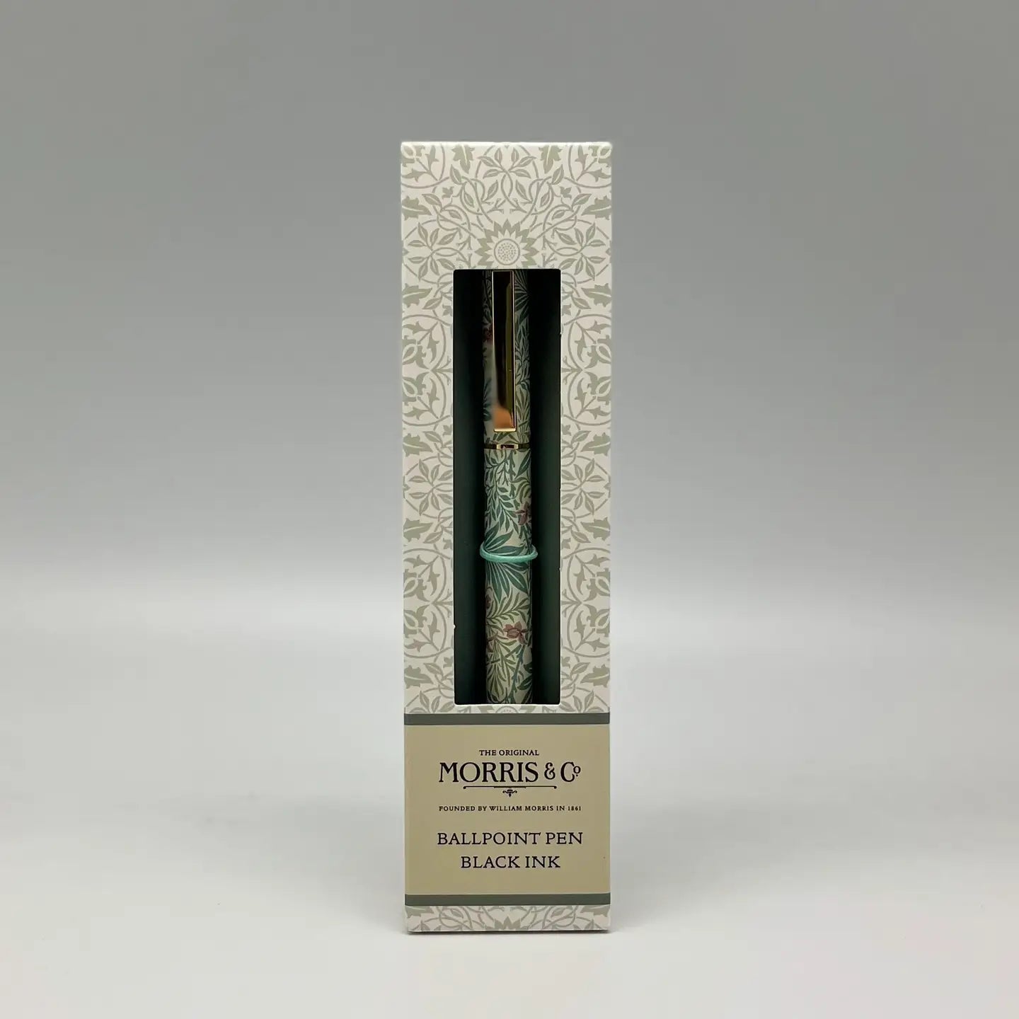 William Morris print pen with black ink, featuring a classic decorative design.