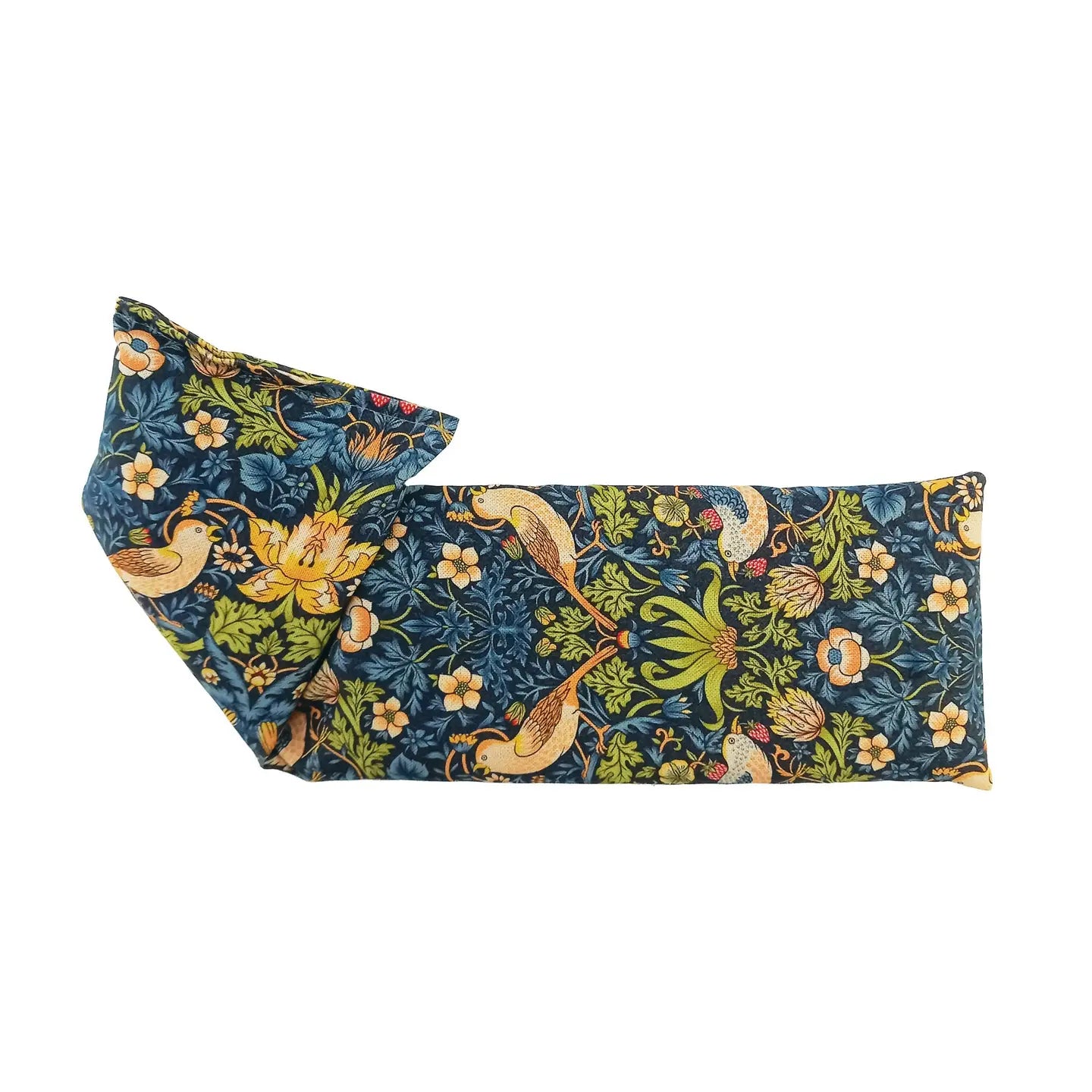 William Morris Strawberry Thief Navy Cotton Wheat Bag with intricate bird and floral design.