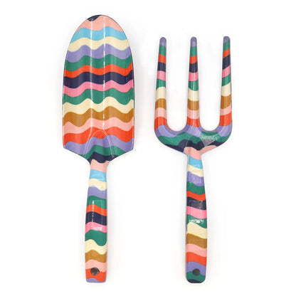 Colorful Willow and Belle garden fork and trowel set with ergonomic handles.