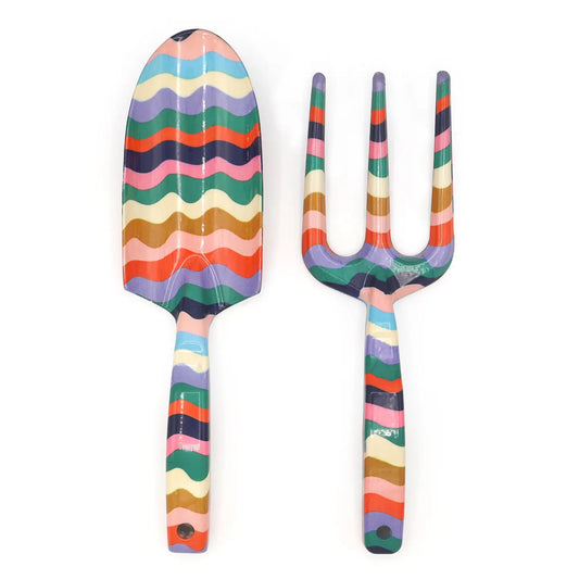 Colorful Willow and Belle garden fork and trowel set with ergonomic handles.