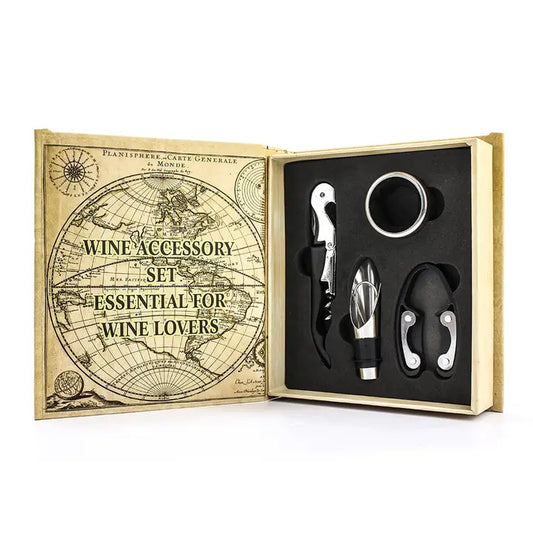 Wine Lovers Bar Set in book-shaped box with corkscrew, bottle opener, foil cutter, knife, wine pourer, and collar.