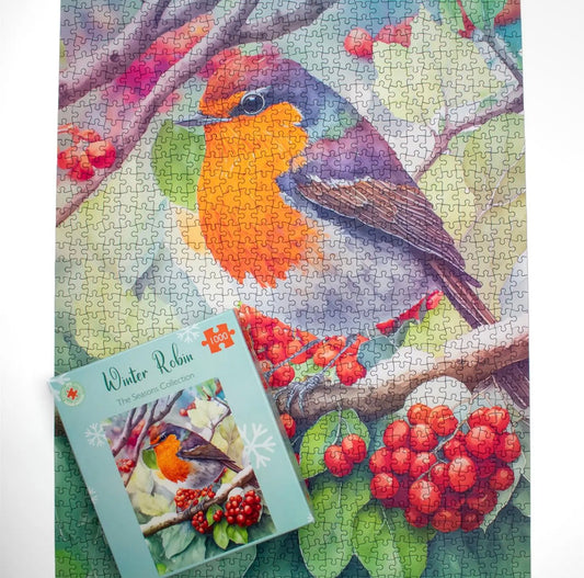 A 1000 piece jigsaw of a robin among winter berries in soft watercolour. A cosy gift for puzzle lovers, bird watchers and Christmas Eve boxes.