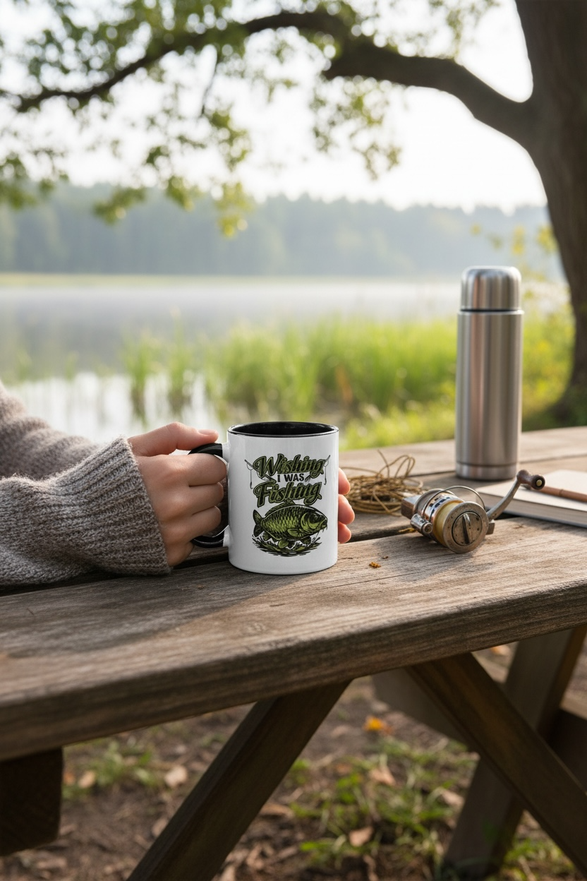 Person holding a mug with a scenic design on a wooden table by a lake.