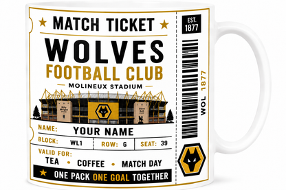 Mug designed like a match ticket for Wolves Football Club with branding and graphics.