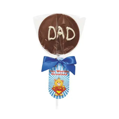 World's Greatest Dad chocolate lollipop with decorative ribbon.