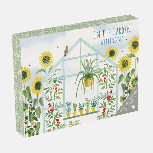 Writing Set - in the Garden with sunflowers and greenhouse design.