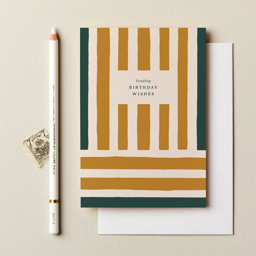 A6 birthday card featuring hand-painted mustard and forest green stripes with a “Sending Birthday Wishes” message.
