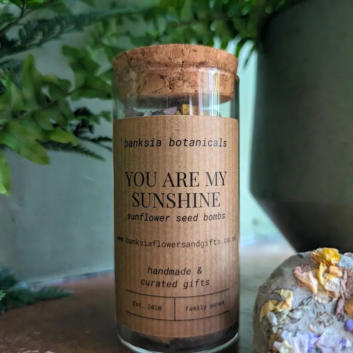 Sunflower seed bombs in a glass jar with cork lid, designed for easy wildflower planting.