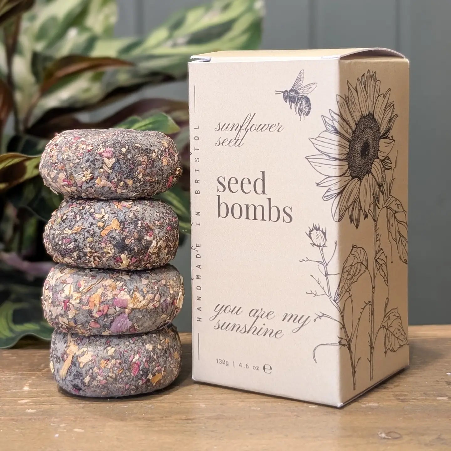 Handcrafted sunflower seed bomb made with natural clay and compost, designed to grow bright yellow sunflowers.