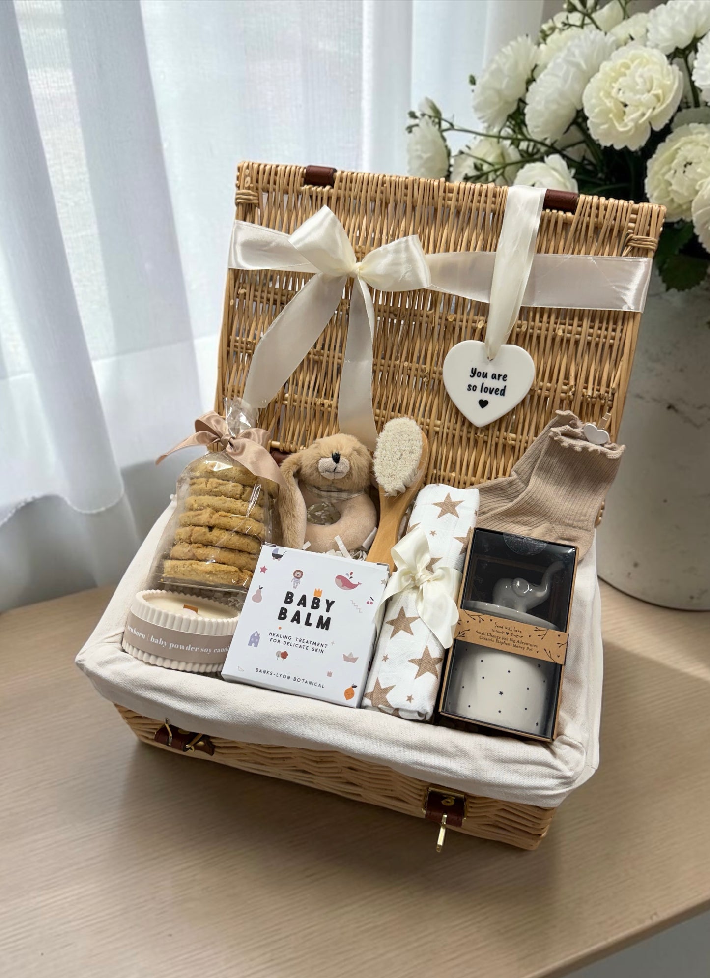 You Are So Loved | Baby or Christening Gift Hamper with soft toy, money box, candle, baby balm, biscuits, muslin cloth and more 