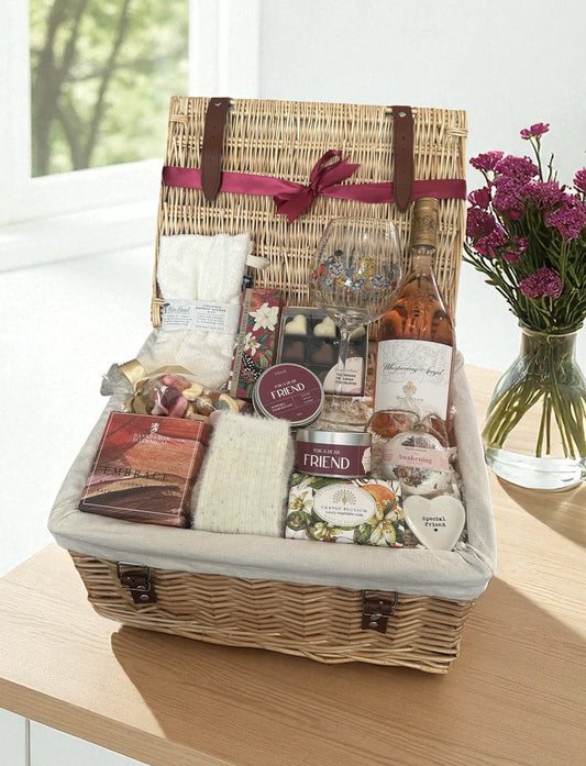 Gift basket for a female friend with rose wine, snacks, and flowers on a wooden table.