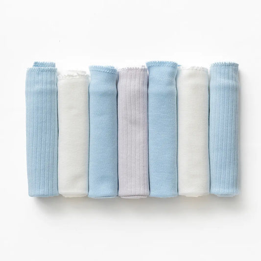 Natural cotton newborn handkerchiefs in blue and white, super soft and multipurpose.