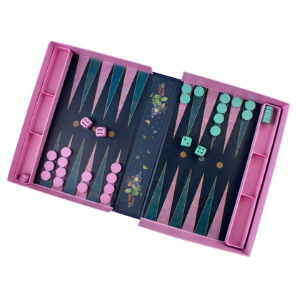 Elegant backgammon set with book-style case and decorative board for two-player games.