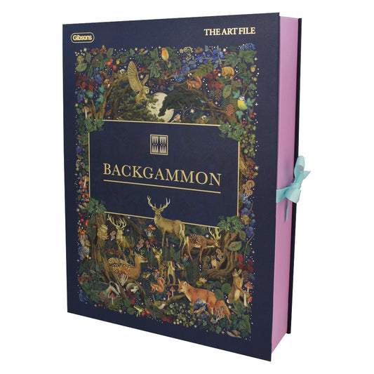 Elegant backgammon set with book-style case and decorative board for two-player games.