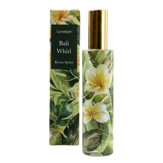 Bali Whirl Room Spray in decorative gift box with floral design.