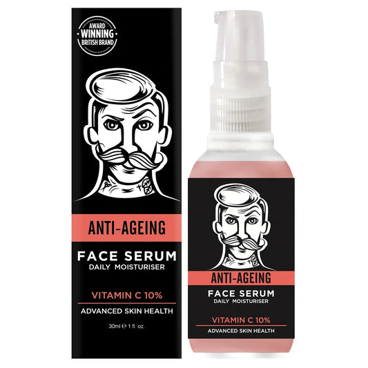Mens Anti-Ageing Serum with Vitamin C, hydrating and brightening formula, combats dark circles, fine lines, and wrinkles.