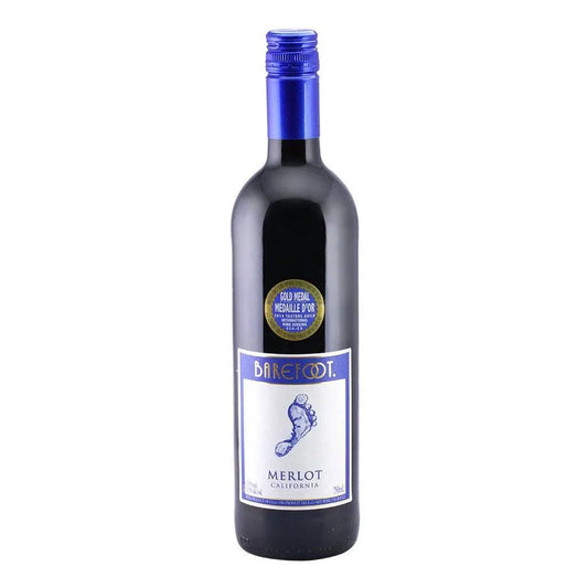 Barefoot Merlot Red Wine bottle with blue label and cap.
