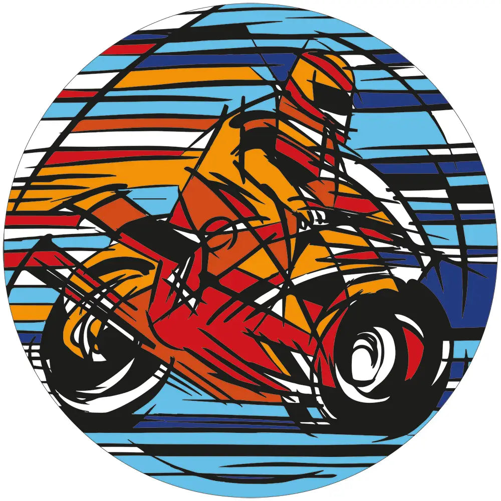 Motorbike themed coaster with colorful abstract design.