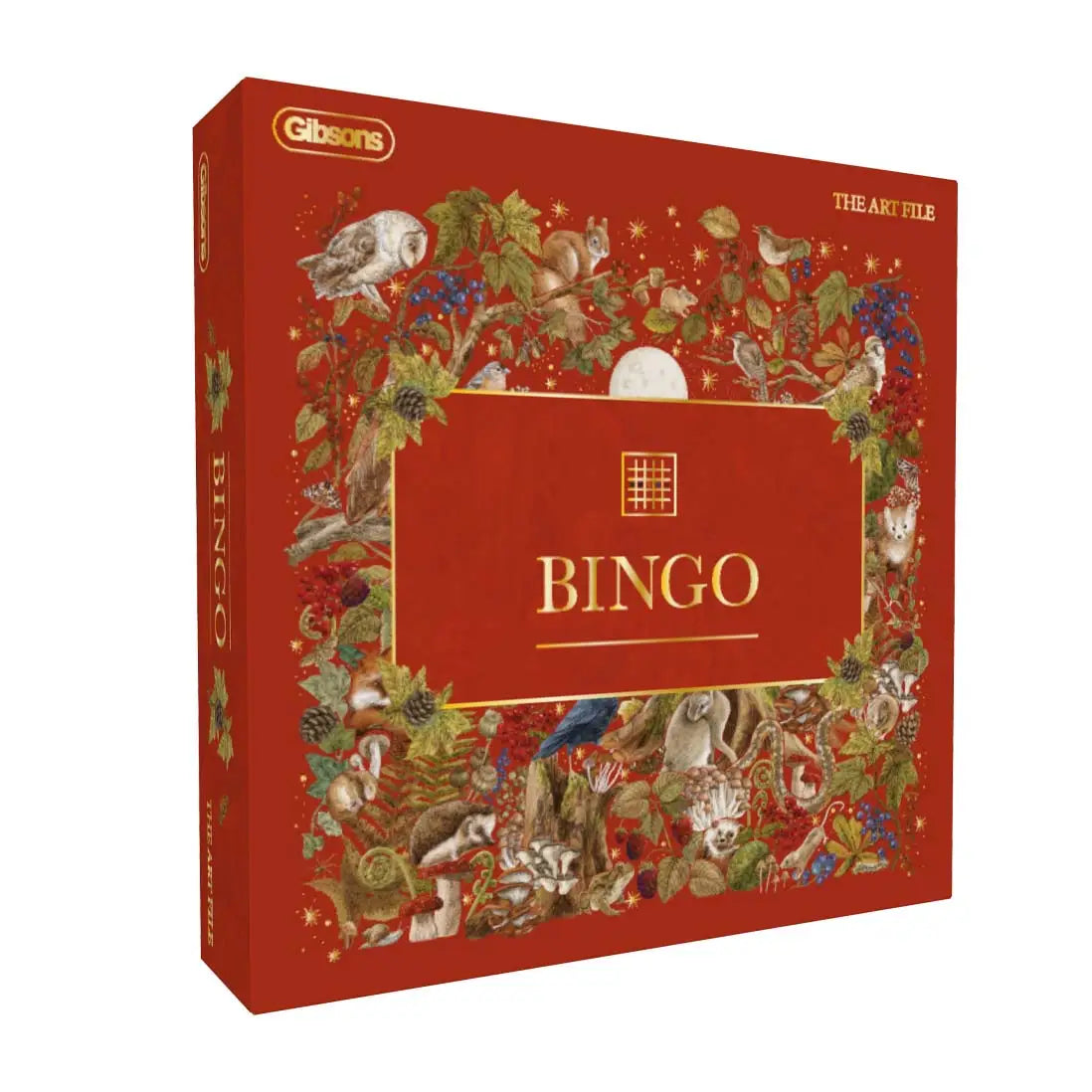 Woodland themed bingo game by Gibsons Games and The Art File with illustrated boards and gold tokens.