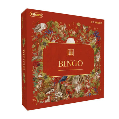 Woodland themed bingo game by Gibsons Games and The Art File with illustrated boards and gold tokens.