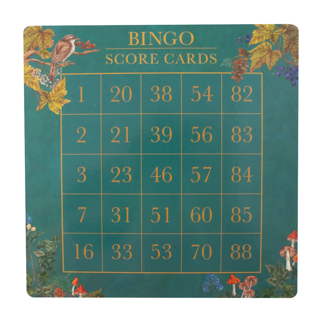 Woodland themed bingo game by Gibsons Games and The Art File with illustrated boards and gold tokens.