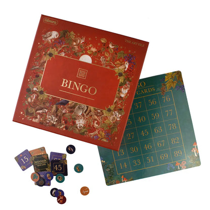 Woodland themed bingo game by Gibsons Games and The Art File with illustrated boards and gold tokens.
