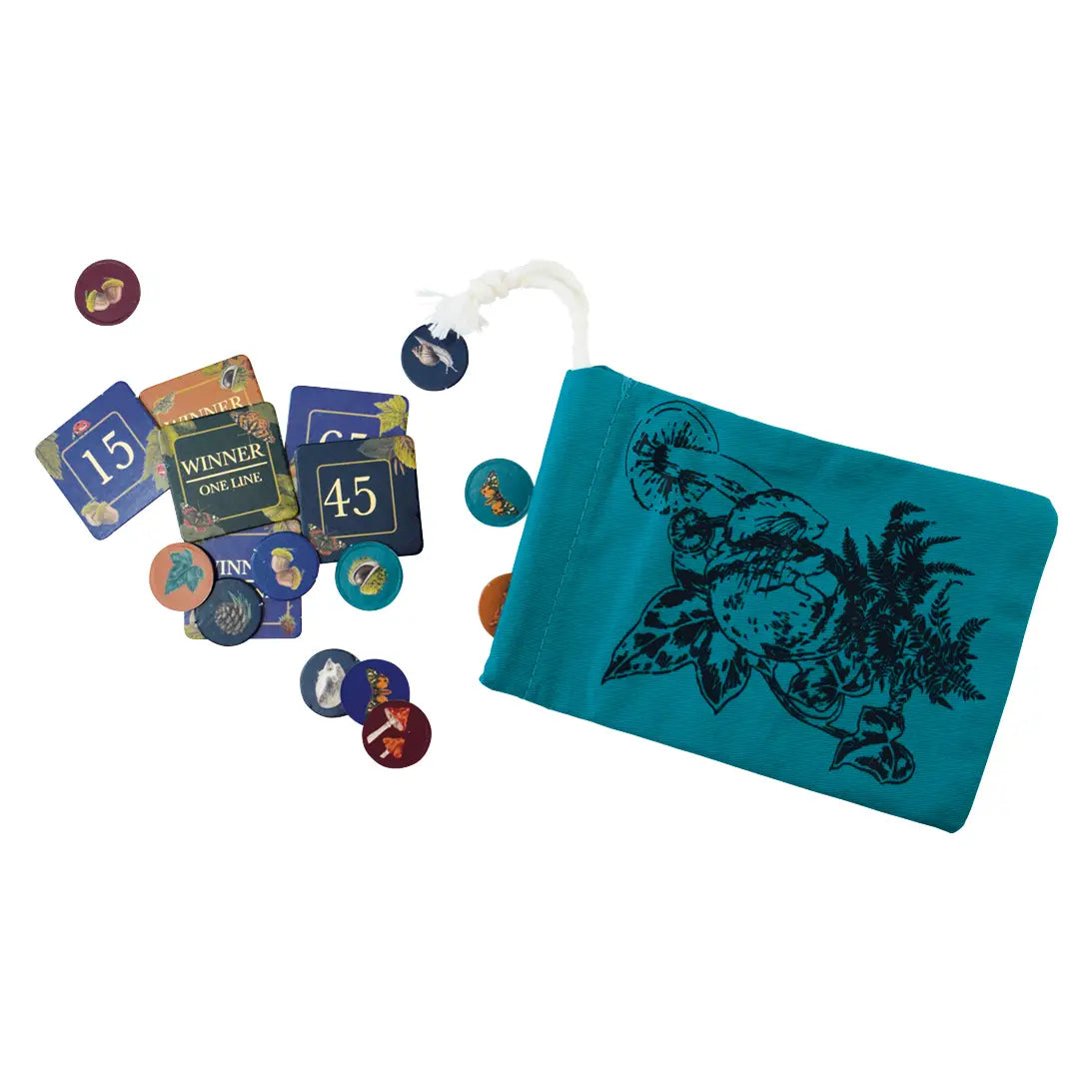 Woodland themed bingo game by Gibsons Games and The Art File with illustrated boards and gold tokens.