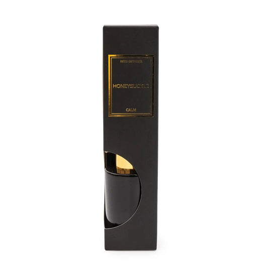 Honeysuckle Scent Black & Gold Reed Diffuser in elegant packaging.