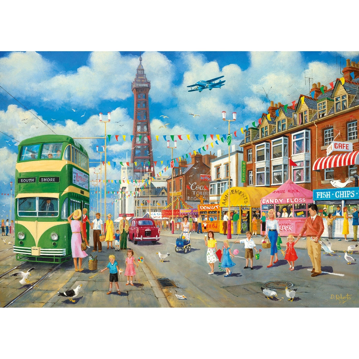 1000-piece Blackpool jigsaw puzzle illustrated by Derek Roberts showing Blackpool Tower, trams and lively seaside scenes.