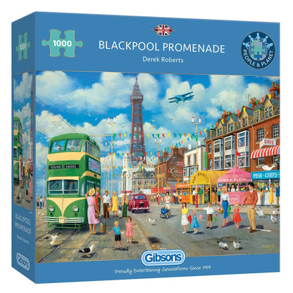 1000-piece Blackpool jigsaw puzzle illustrated by Derek Roberts showing Blackpool Tower, trams and lively seaside scenes.