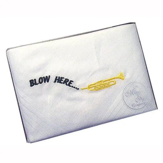 Musical themed cotton handkerchief with trumpet embroidery.