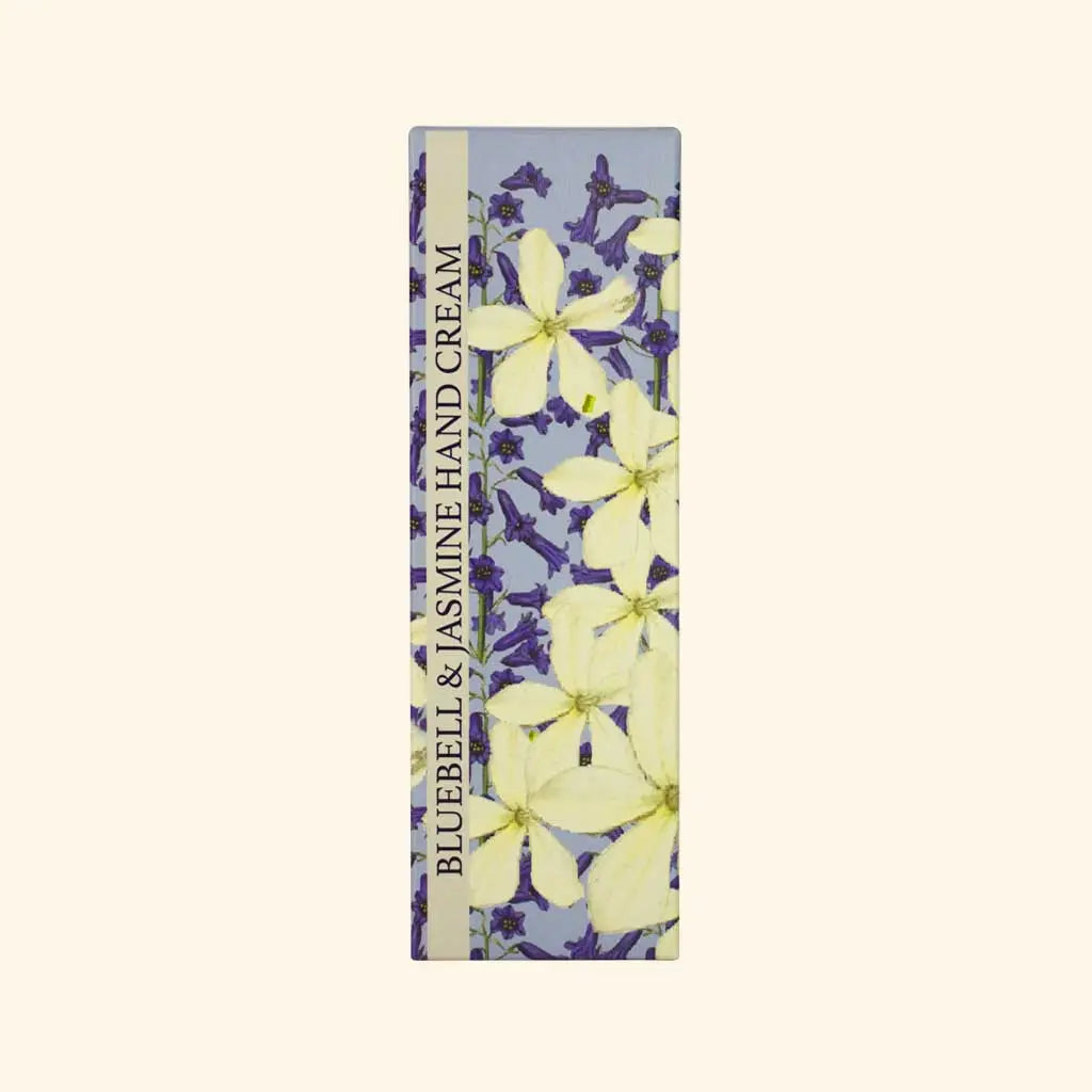 Bluebell & Jasmine hand cream packaging with floral design on a white background