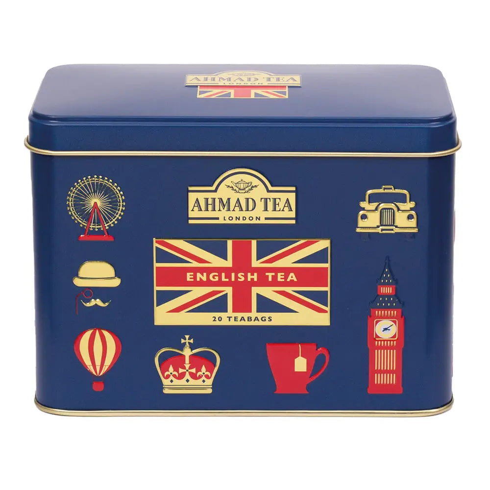 Ahmad Tea London tea tin with British icons on a blue background