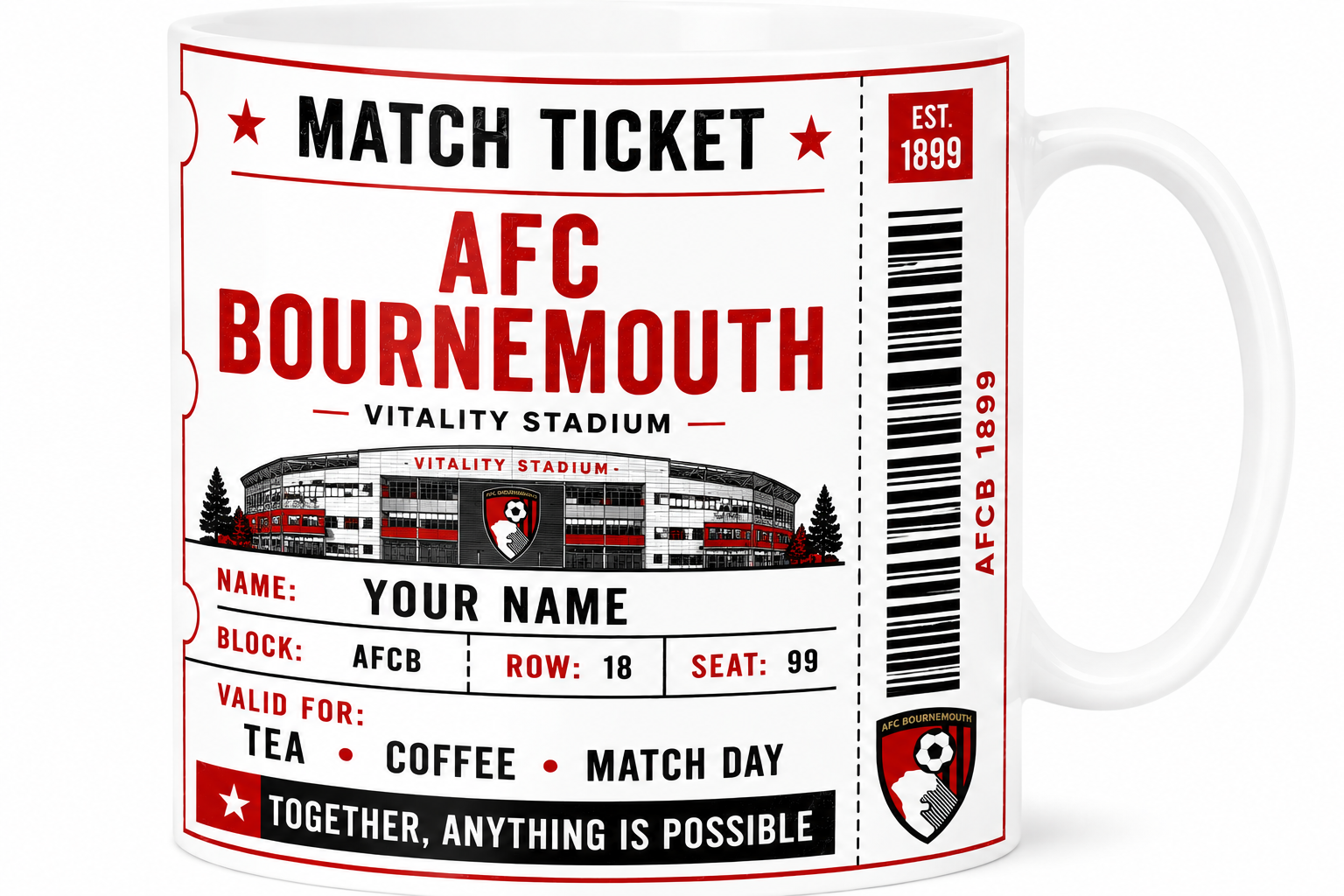 Mug with AFC Bournemouth match ticket design on a white background