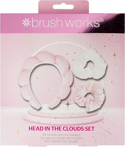Packaging of 'Head in the Clouds' set by brush works with pink headband and scrunchies.