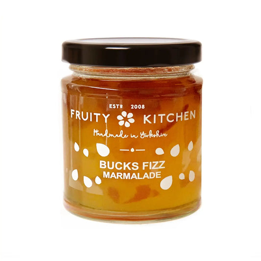 Bucks Fizz Marmalade jar with black lid from Fruity Kitchen.