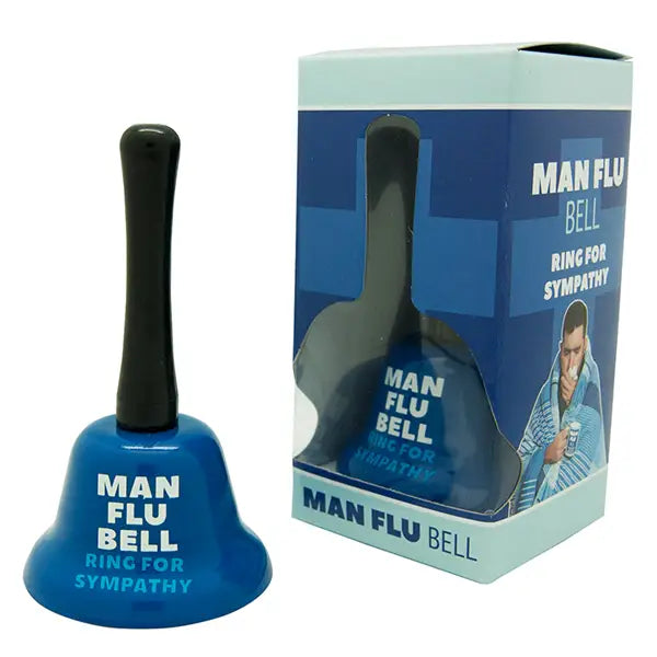 Man Flu Hand Bell novelty gift in blue with packaging.