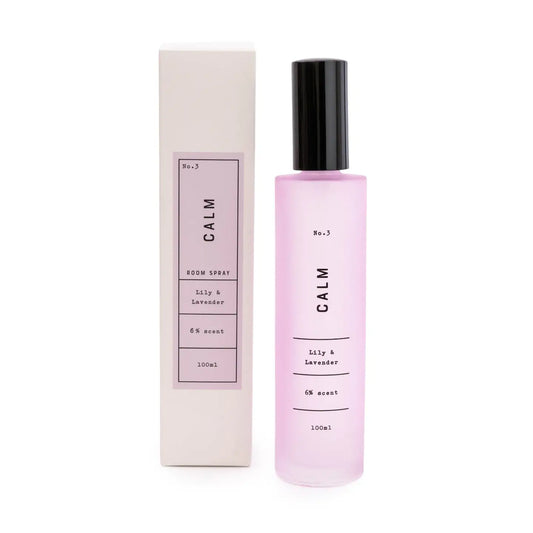 Calm Room Spray Lily & Lavender Scent in frosted glass with white craft box.