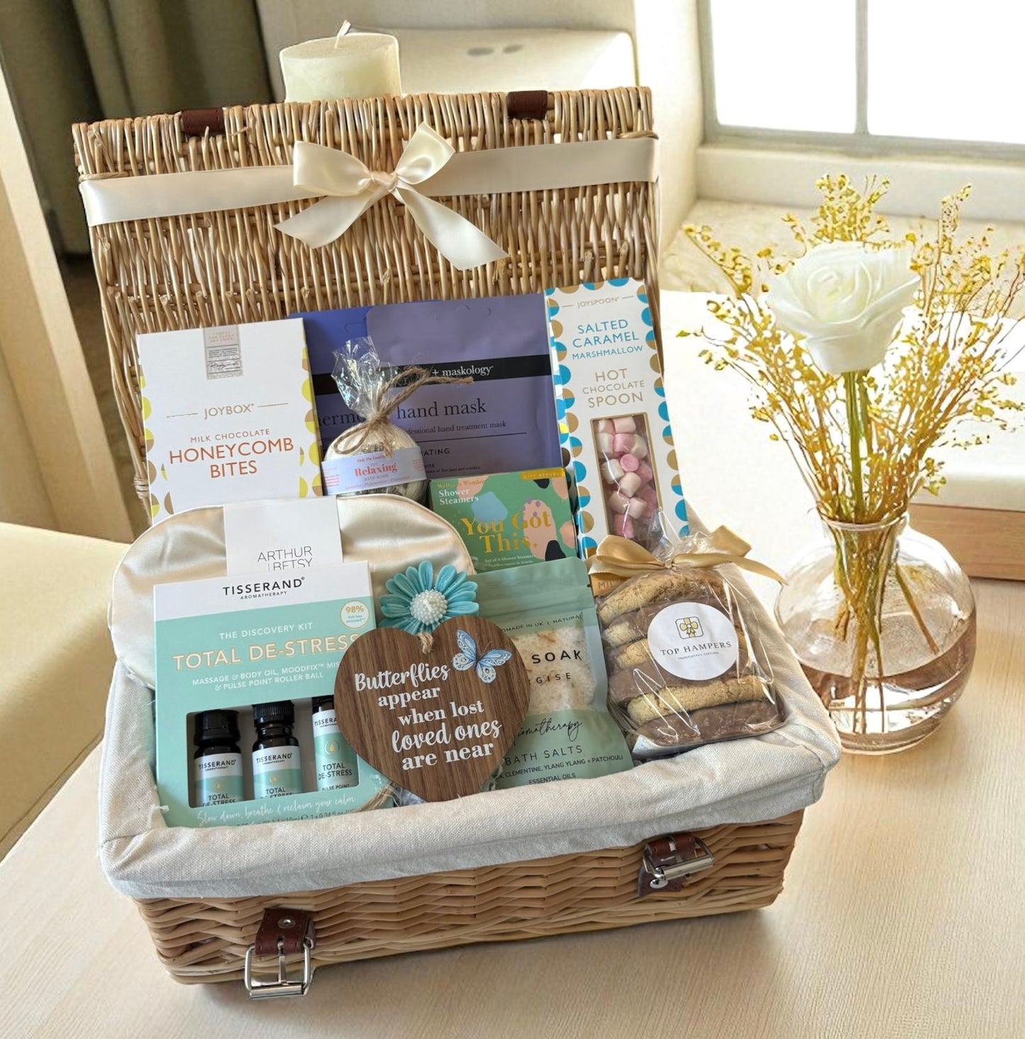Calm & Comfort Hamper with chocolate, cookies, hot chocolate, bath salts, hand mask, and de-stress kit – thoughtful sympathy gift.