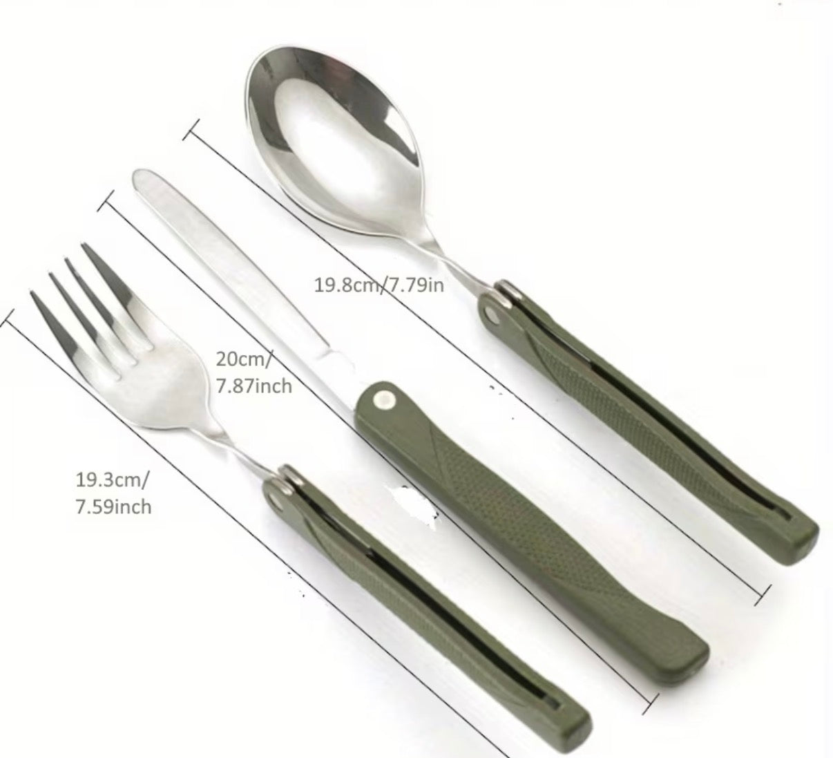Set of folding cutlery with measurements on a white background