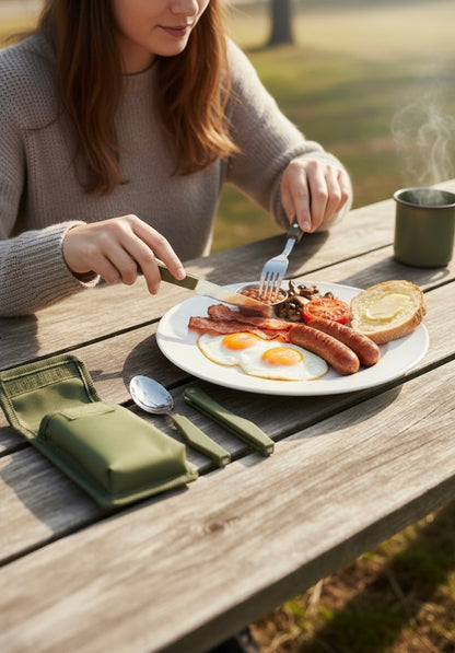 Person eating a breakfast plate with eggs, sausages, and toast on a wooden table outdoors.