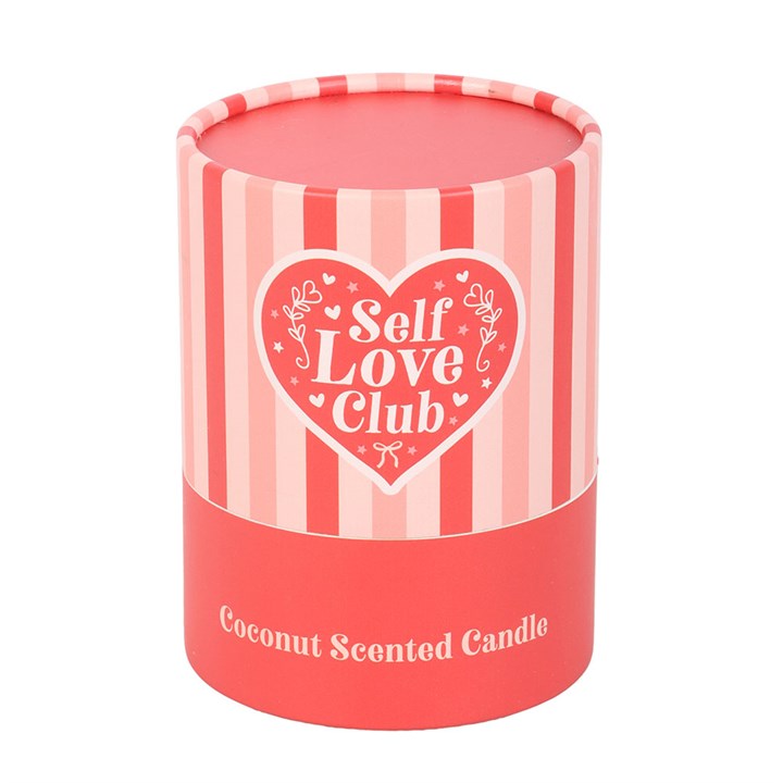 Pink candle with 'Self Love Club' design.