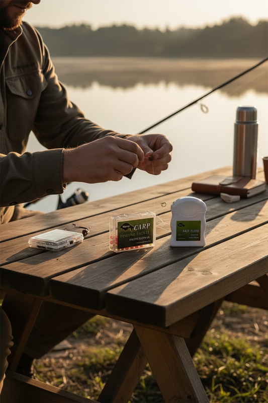 Person fishing by a lake with a picnic table, fishing gear, and thermos.