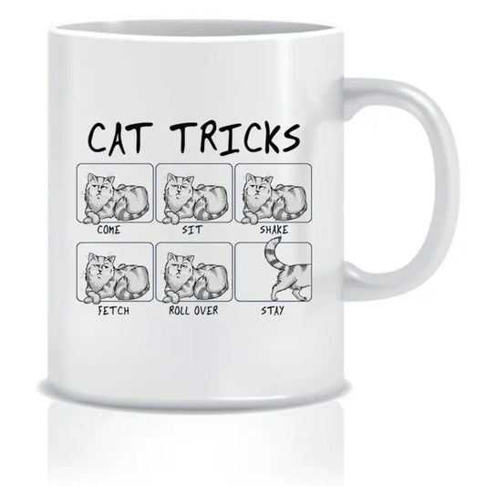Funny cat tricks mug for cat lovers featuring playful illustrations.