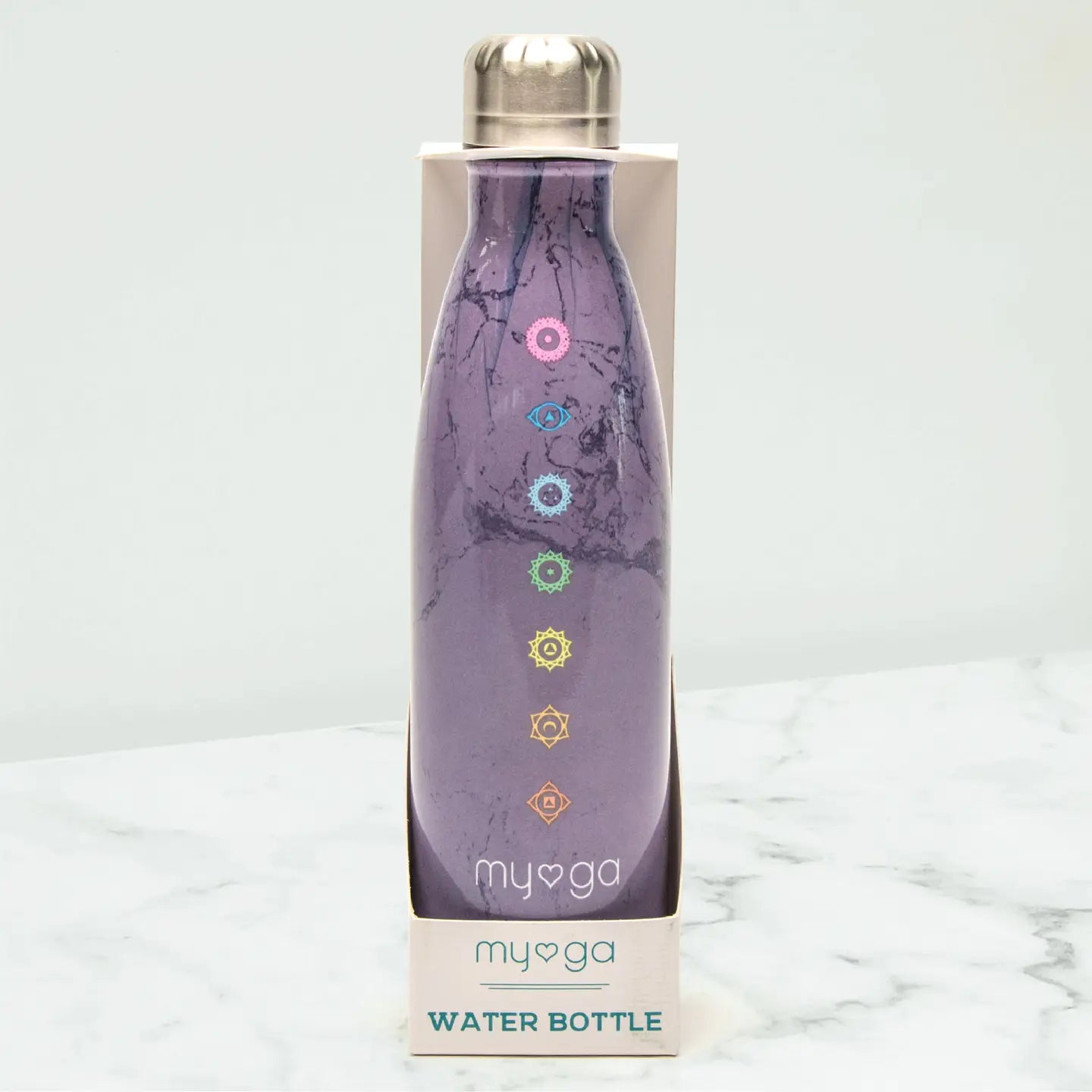 Chakra Metal Water Bottle 500ml with colorful chakra symbols, ideal for yoga, gym, and outdoor activities.